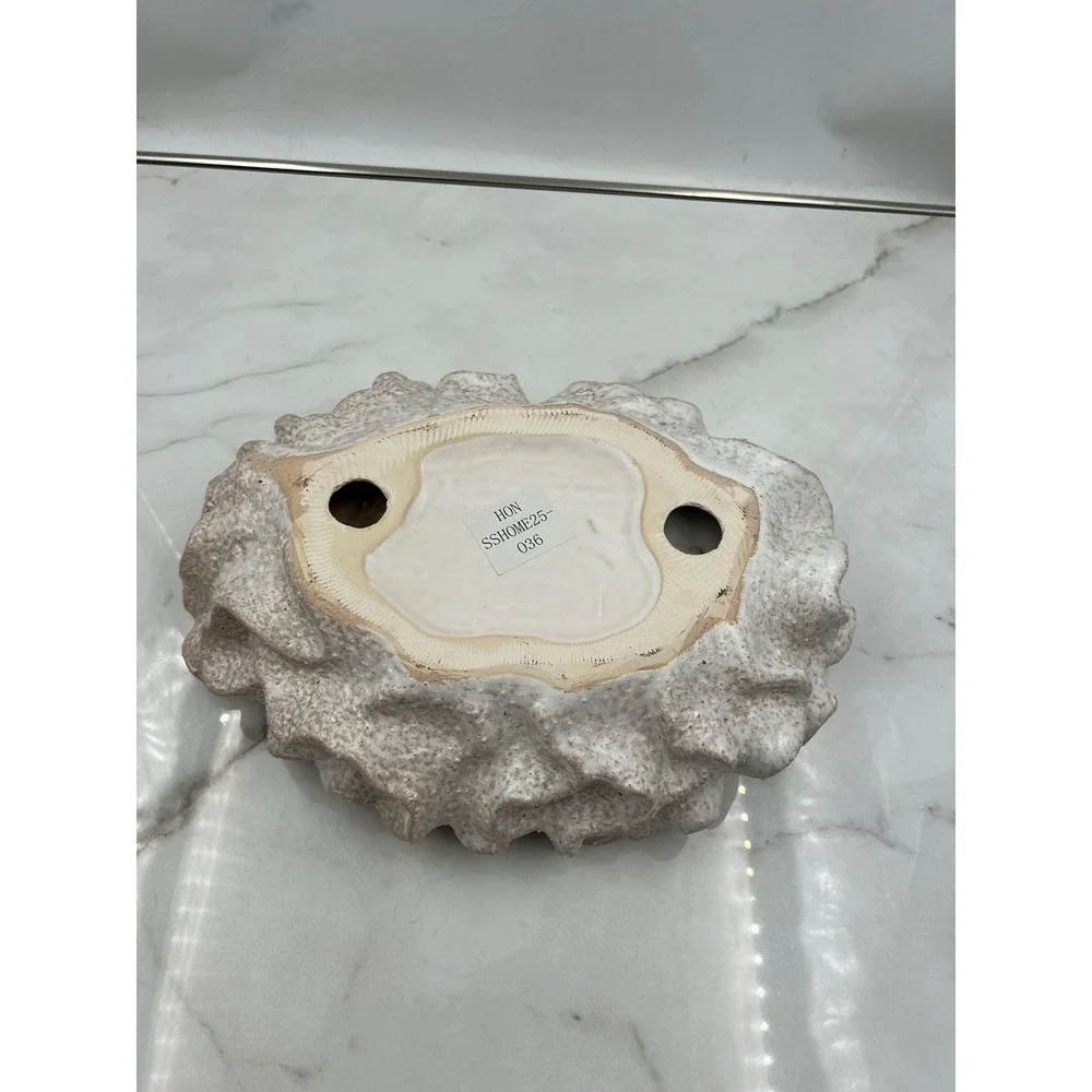 Ceramic Sylvia Bowl Planter Ruffled Clam Shell Speckled Neutral Coastal